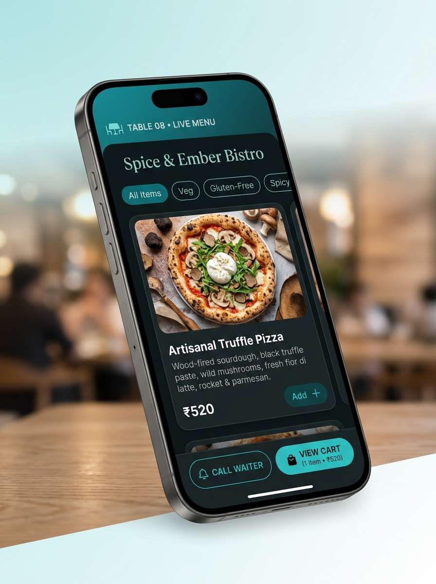 DineFlow Guest Menu on iPhone — TABLE 08 Live Menu, Spice & Ember Bistro, Artisanal Truffle Pizza ₹520