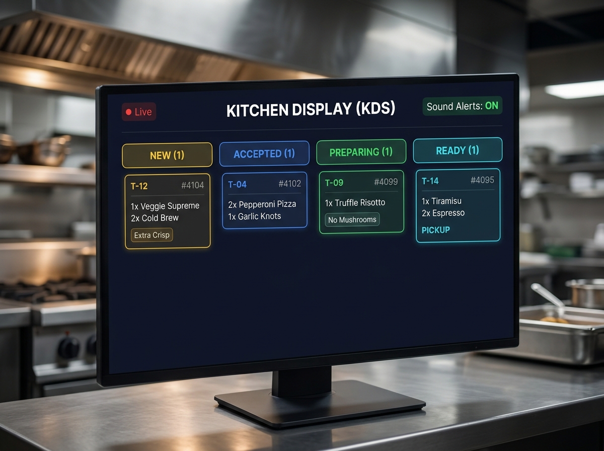 DineFlow Kitchen Display System — 4-column KDS board with NEW, ACCEPTED, PREPARING, READY orders on a kitchen monitor